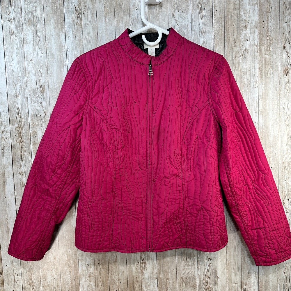 Chicos Womens Quilted Jacket Hot‎ Pink Black Accent Thread Zipper Collar Size 1